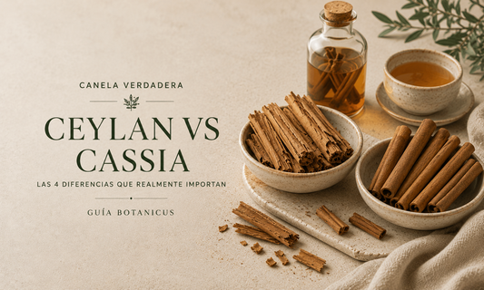 Comparación de canela ceylan vs cassia: ramas en cuencos, canela triturada y aceite sobre fondo crema — guía Botanicus