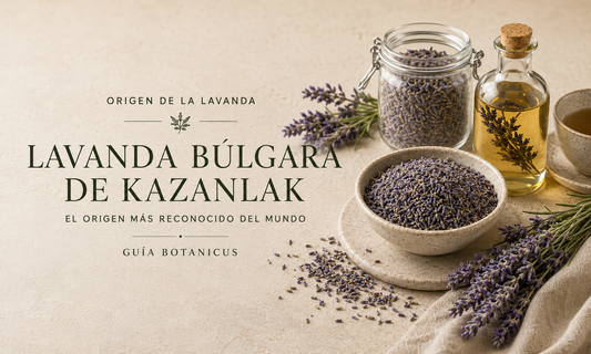 Composición con lavanda búlgara de Kazanlak Valley: ramilletes frescos, frasco con flores secas y aceite esencial sobre fondo crema