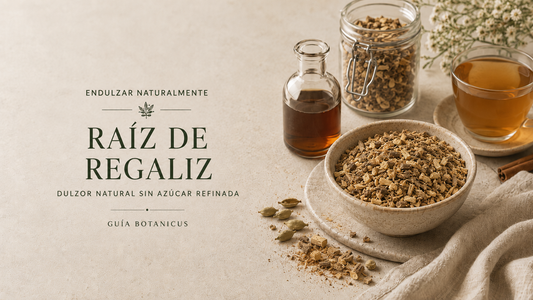 Raíz de regaliz en una mesa junto a un té