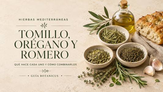Tomillo, orégano y romero en una mesa con pan y aceite de oliva