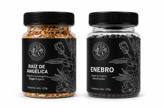 Kit Botánico Simple: frasco de raíz de angélica 100g y frasco de bayas de enebro 100g, ambos importados de Bulgaria