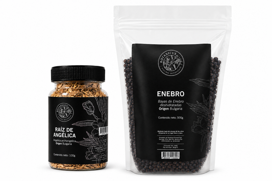 Kit Botánico Simple PRO: frasco de raíz de angélica 100g y bolsa profesional de bayas de enebro 500g, ambos de Bulgaria