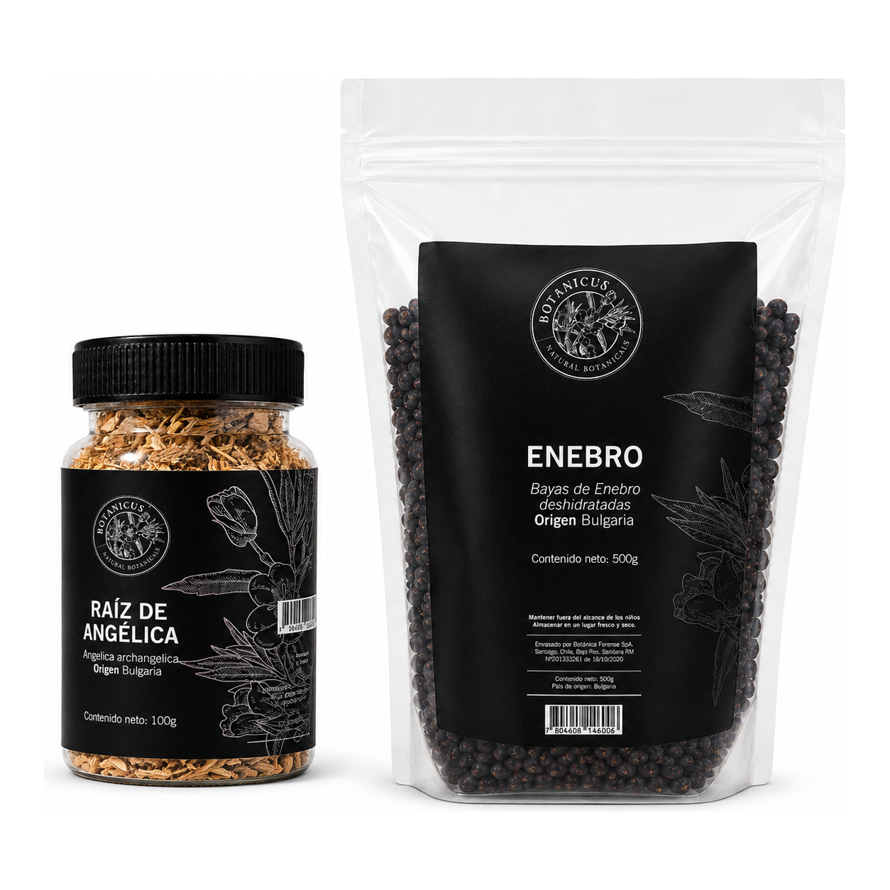 Kit Botánico Simple PRO: frasco de raíz de angélica 100g y bolsa profesional de bayas de enebro 500g, ambos de Bulgaria