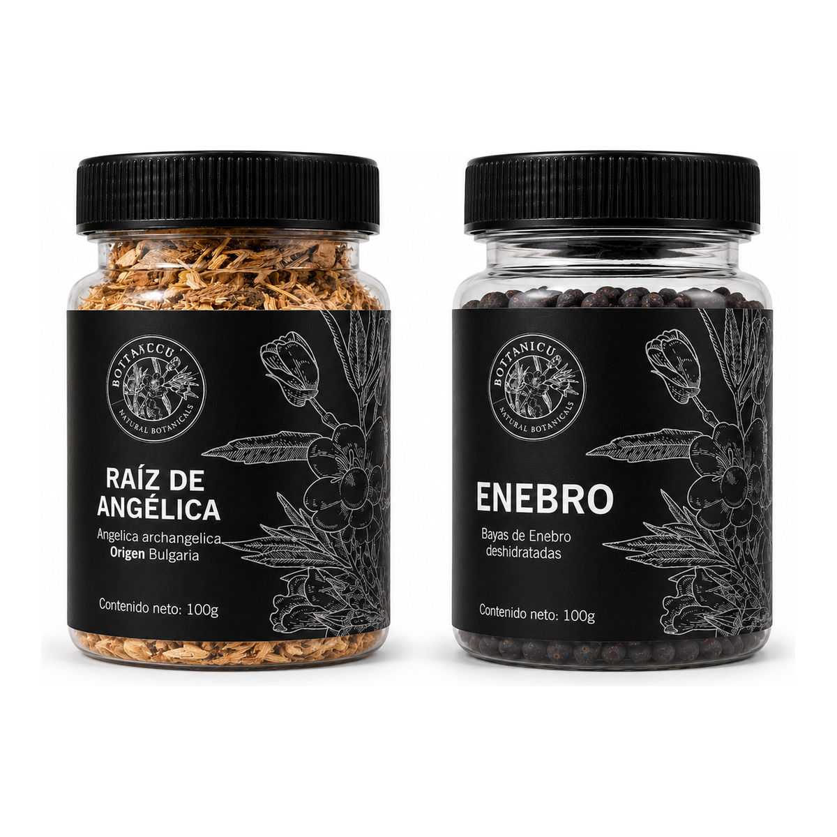 Kit Botánico Simple: frasco de raíz de angélica 100g y frasco de bayas de enebro 100g, ambos importados de Bulgaria